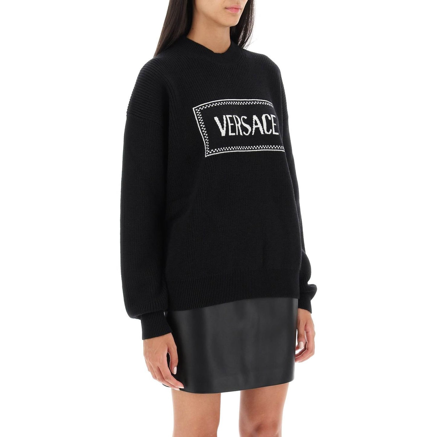 Versace crew-neck sweater with logo inlay Knitwear Versace