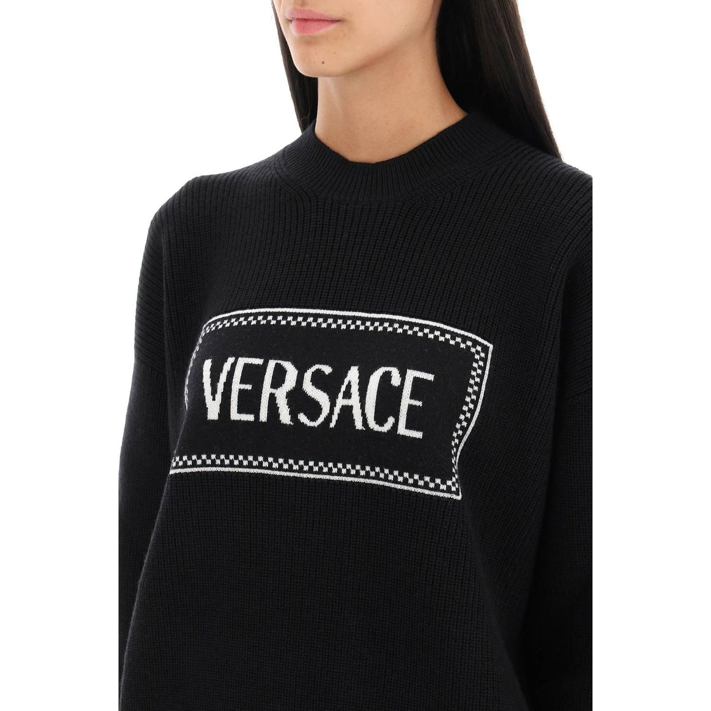 Versace crew-neck sweater with logo inlay Knitwear Versace