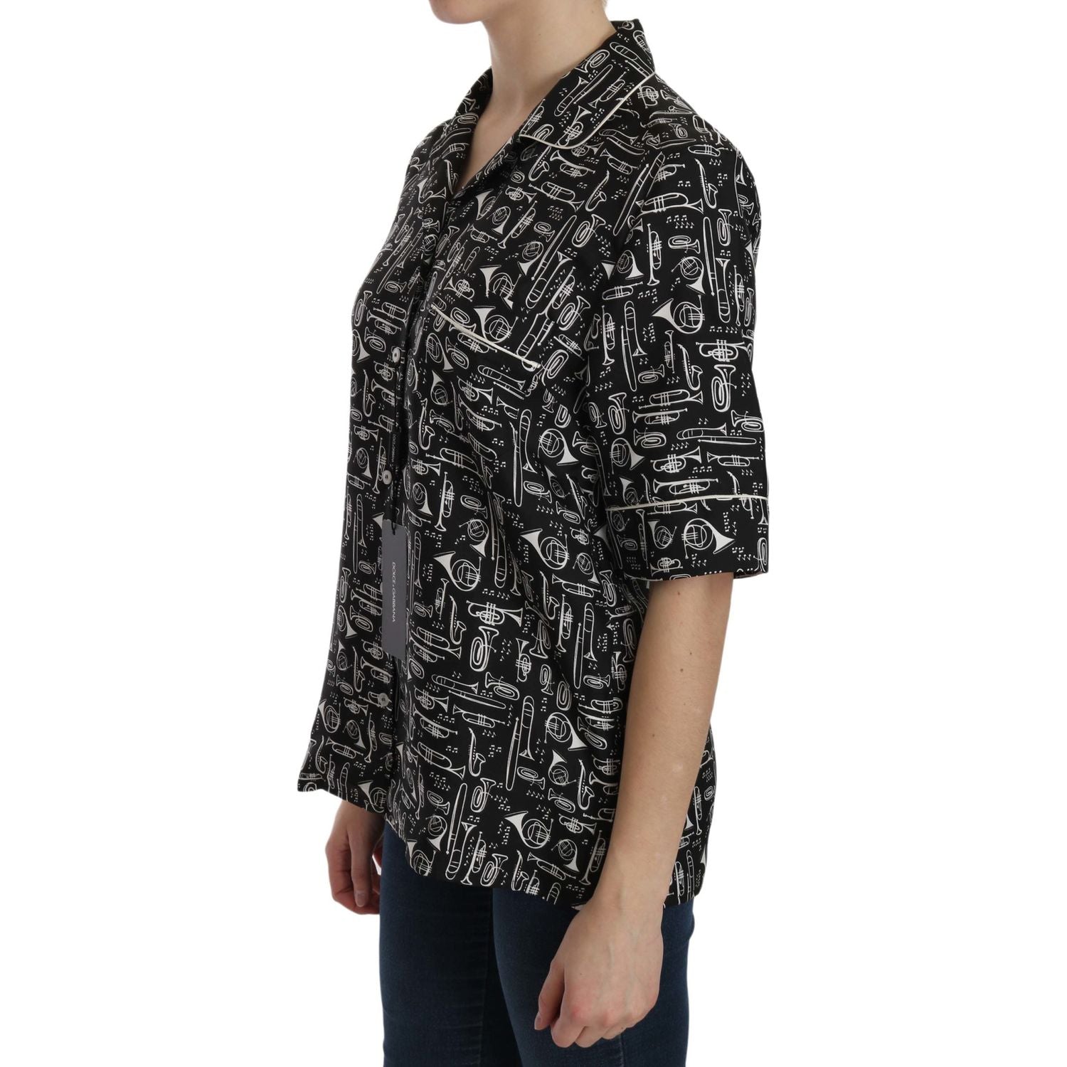 Dolce & Gabbana Black Musical Instrument Print Silk  Top