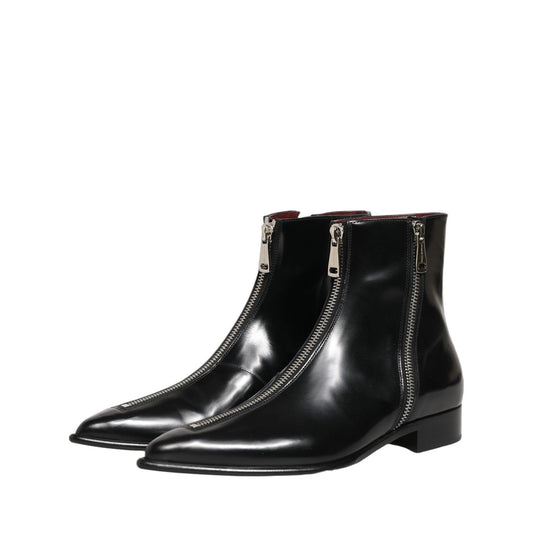 Dolce & Gabbana Black Leather Zipper Mid Calf Men Boots Shoes