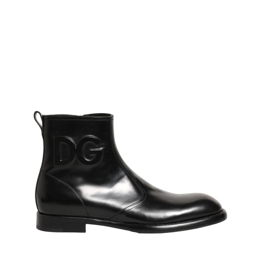 Dolce & Gabbana Black Leather Embossed Logo Ankle Boots Shoes
