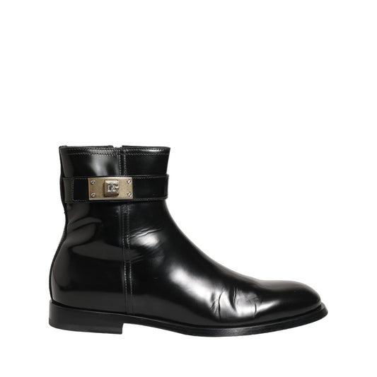 Dolce & Gabbana Black Leather Logo Buckle Mid Calf Boots Shoes