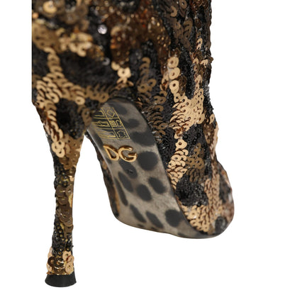 Dolce & Gabbana Gold Leopard Sequin Sock Ankle Boots Shoes