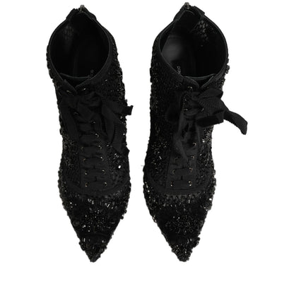 Dolce & Gabbana Black Embellished Mesh Ankle Boots Shoes