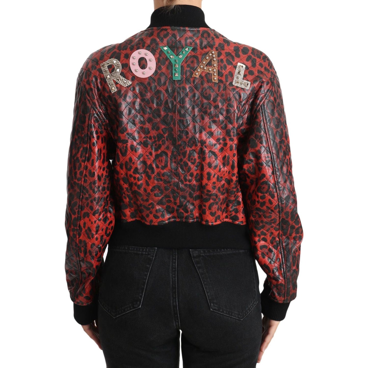 Dolce & Gabbana Red Leopard Bomber Leather Jacket with Crystal Buttons Coats & Jackets Dolce & Gabbana