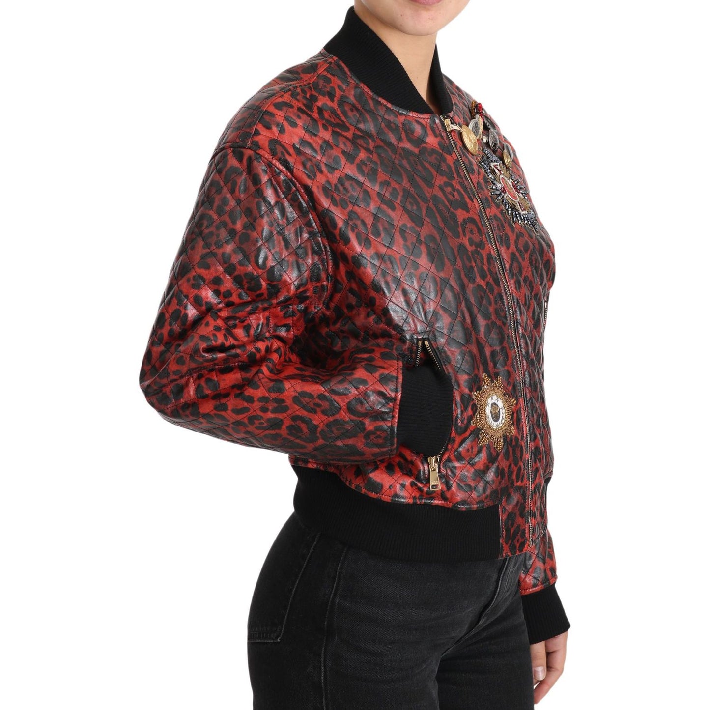 Dolce & Gabbana Red Leopard Bomber Leather Jacket with Crystal Buttons Coats & Jackets Dolce & Gabbana