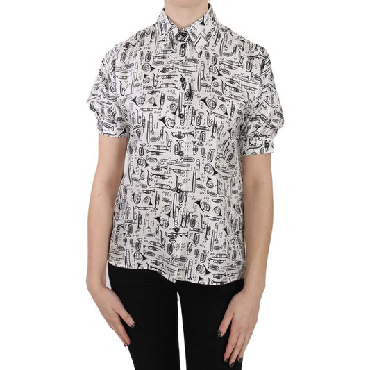 Dolce & Gabbana Trumpet Print Button Front Silk Top Blouse