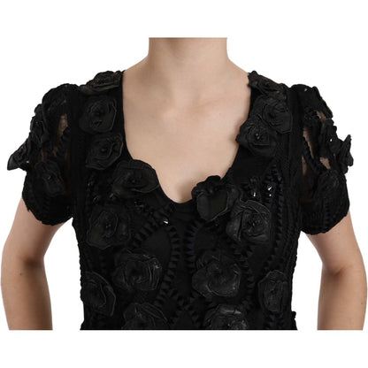 John Richmond Black Silk Leather Flowers Sheath Dress