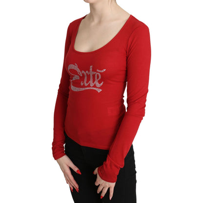 Red Exte Crystal Embellished Long Sleeve Top Blouse