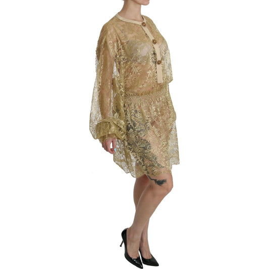 Dolce & Gabbana Elegant Gold Lace A-Line Knee Length Dress Dolce & Gabbana