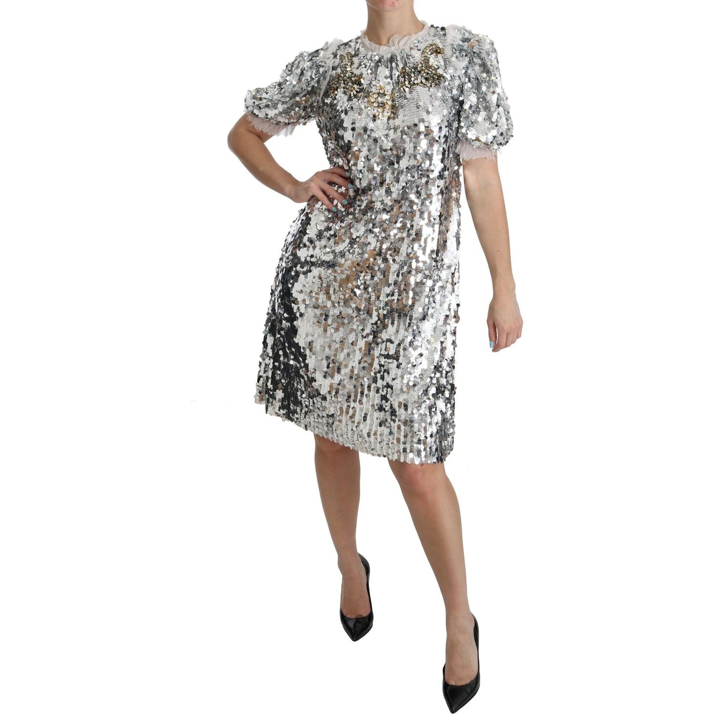 Dolce & Gabbana Elegant Silver A-Line Dress with Crystal Accents Dolce & Gabbana