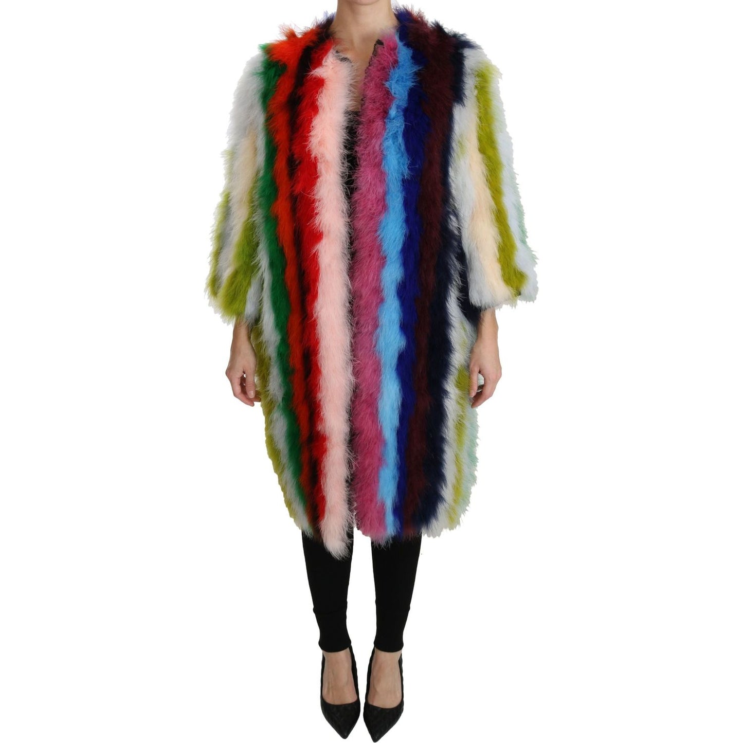 Dolce & Gabbana Elegant Multicolor Feather Long Coat Jacket Coats & Jackets Dolce & Gabbana