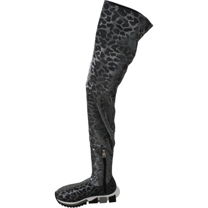 Dolce & Gabbana Gray Leopard High Top Sneakers Booties Shoes 1728,67345645728,Boots - Shoes,Boots - Women - Shoes,Dolce & Gabbana,EU35/US4.5,Flat - Boots - Shoes,Gray,Material: 70% Nylon 20% Polystyrene 10% Spandex,New with tags,Over The Knee - Boots - Sh
