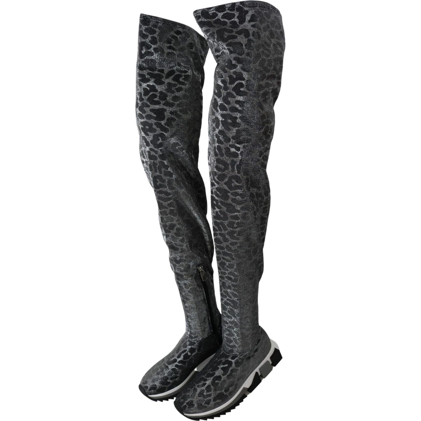Dolce & Gabbana Gray Leopard High Top Sneakers Booties Shoes 1728,67345645728,Boots - Shoes,Boots - Women - Shoes,Dolce & Gabbana,EU35/US4.5,Flat - Boots - Shoes,Gray,Material: 70% Nylon 20% Polystyrene 10% Spandex,New with tags,Over The Knee - Boots - Sh