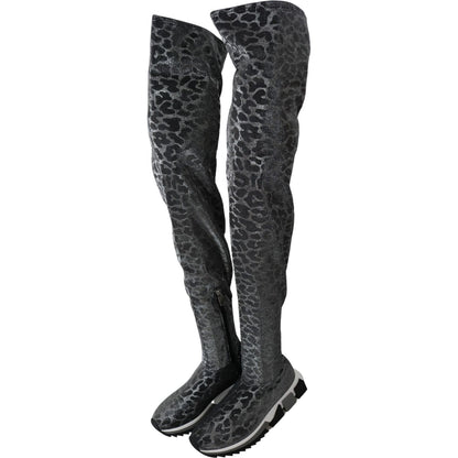 Dolce & Gabbana Gray Leopard High Top Sneakers Booties Shoes 1728,67345645728,Boots - Shoes,Boots - Women - Shoes,Dolce & Gabbana,EU35/US4.5,Flat - Boots - Shoes,Gray,Material: 70% Nylon 20% Polystyrene 10% Spandex,New with tags,Over The Knee - Boots - Sh