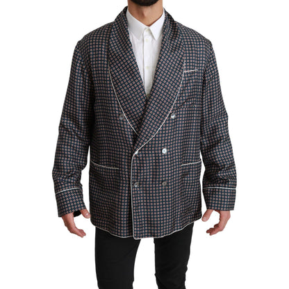 Dolce & Gabbana Navy Blue Patterned Double Breasted Coat Jacket 1728,67345645728,Blue,Clothing,Coats - Jackets & Coats - Clothing,Dolce & Gabbana,IT4 | L,Jackets & Coats - Clothing,Jackets - Men - Clothing,Material: 100% Silk,Men,Men - Clothing,New with t