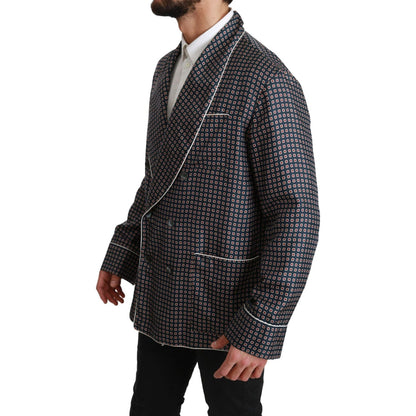 Dolce & Gabbana Navy Blue Patterned Double Breasted Coat Jacket 1728,67345645728,Blue,Clothing,Coats - Jackets & Coats - Clothing,Dolce & Gabbana,IT4 | L,Jackets & Coats - Clothing,Jackets - Men - Clothing,Material: 100% Silk,Men,Men - Clothing,New with t