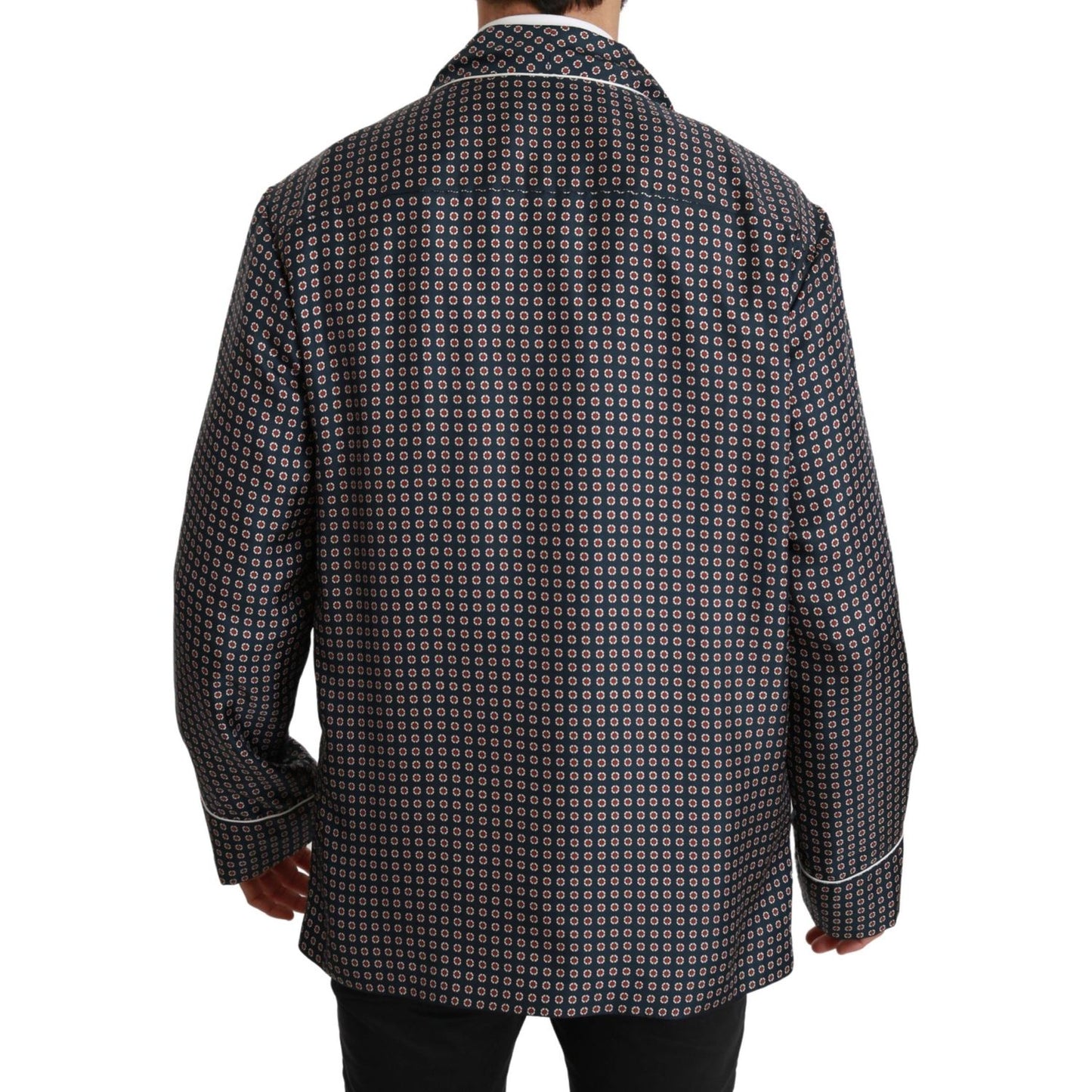 Dolce & Gabbana Navy Blue Patterned Double Breasted Coat Jacket 1728,67345645728,Blue,Clothing,Coats - Jackets & Coats - Clothing,Dolce & Gabbana,IT4 | L,Jackets & Coats - Clothing,Jackets - Men - Clothing,Material: 100% Silk,Men,Men - Clothing,New with t