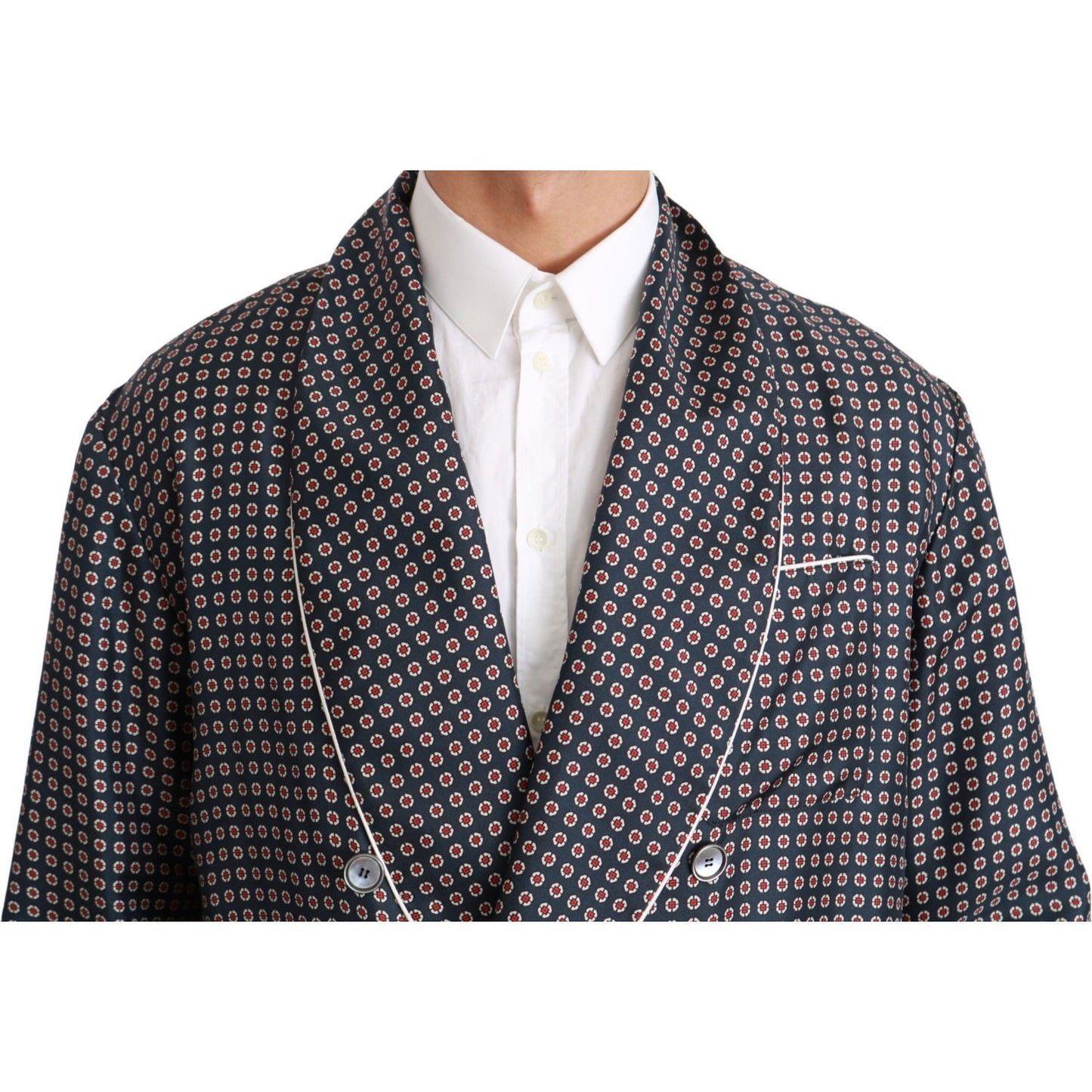 Dolce & Gabbana Navy Blue Patterned Double Breasted Coat Jacket 1728,67345645728,Blue,Clothing,Coats - Jackets & Coats - Clothing,Dolce & Gabbana,IT4 | L,Jackets & Coats - Clothing,Jackets - Men - Clothing,Material: 100% Silk,Men,Men - Clothing,New with t