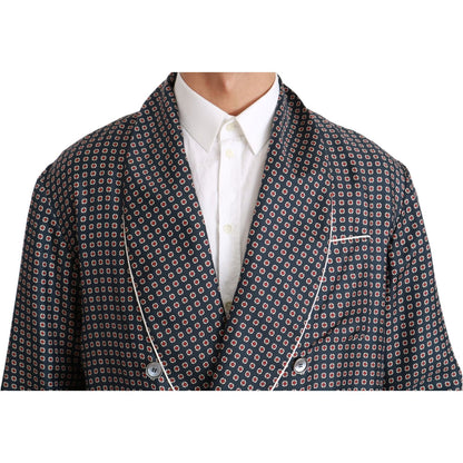 Dolce & Gabbana Navy Blue Patterned Double Breasted Coat Jacket 1728,67345645728,Blue,Clothing,Coats - Jackets & Coats - Clothing,Dolce & Gabbana,IT4 | L,Jackets & Coats - Clothing,Jackets - Men - Clothing,Material: 100% Silk,Men,Men - Clothing,New with t