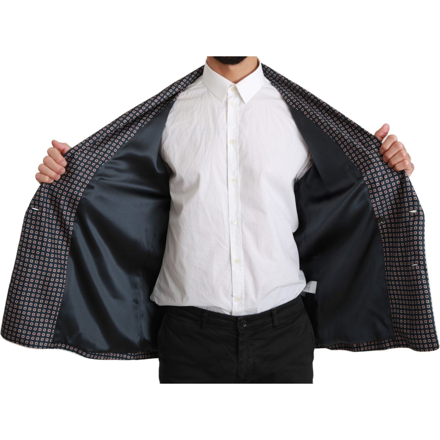 Dolce & Gabbana Navy Blue Patterned Double Breasted Coat Jacket 1728,67345645728,Blue,Clothing,Coats - Jackets & Coats - Clothing,Dolce & Gabbana,IT4 | L,Jackets & Coats - Clothing,Jackets - Men - Clothing,Material: 100% Silk,Men,Men - Clothing,New with t