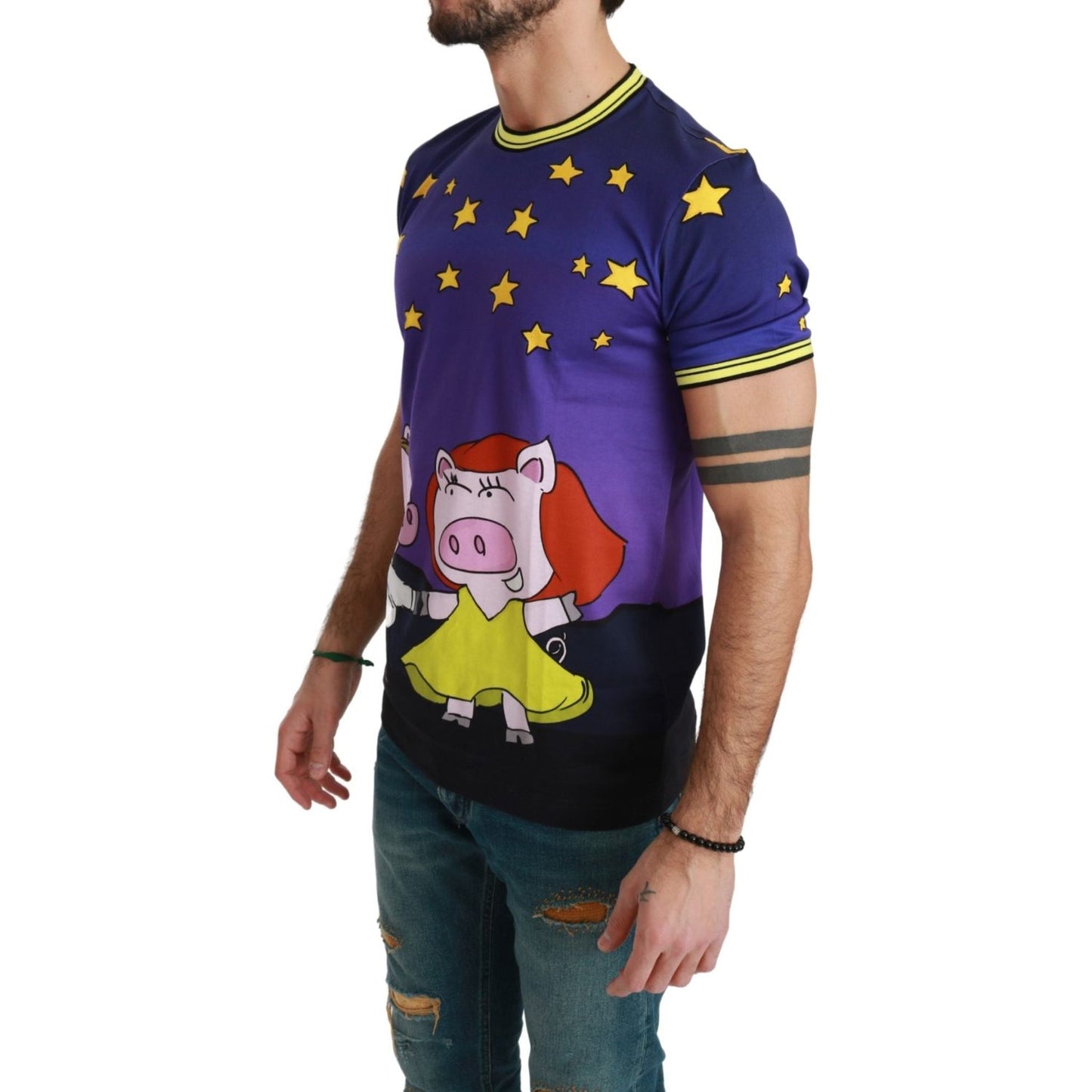 Dolce & Gabbana Purple Cotton Round Neck T-Shirt with Pig Motif Dolce & Gabbana