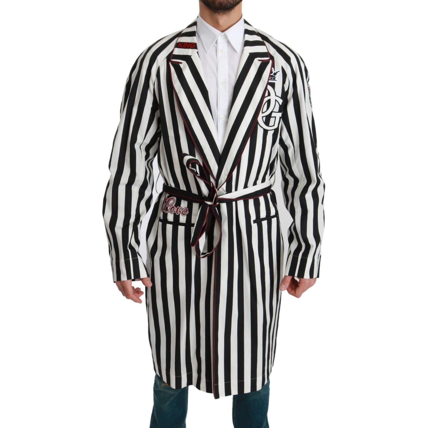 Dolce & Gabbana Black Coat Nightgown White Cotton Robe