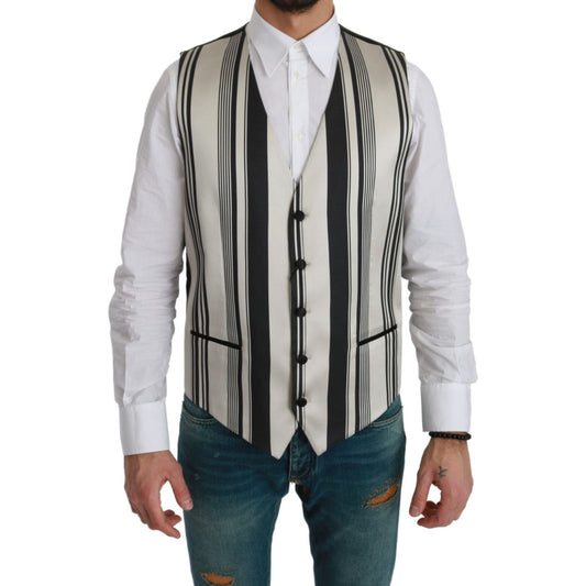 Dolce & Gabbana White Black Stripes Waistcoat Formal Vest 1728,67345645728,Black,Clothing,Dolce & Gabbana,IT48 | M,Material: 70% Cotton 30% Silk,Men,Men - Clothing,New with tags,Suits & Blazers - Clothing,Vests - Men - Clothing,Waistcoats - Suits & Blazer