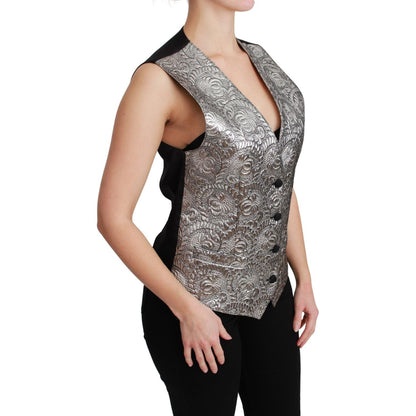 Dolce & Gabbana Silver Brocade Sleeveless Metallic Top 1728,67345645728,Clothing,Dolce & Gabbana,IT38|XS,IT40|S,Material: 45% Polyester 43% Silk 5% Cotton 4% Metal Fiber 3% Elastane,New with tags,Silver,Suits & Blazers - Clothing,Vests - Women - Clothing,