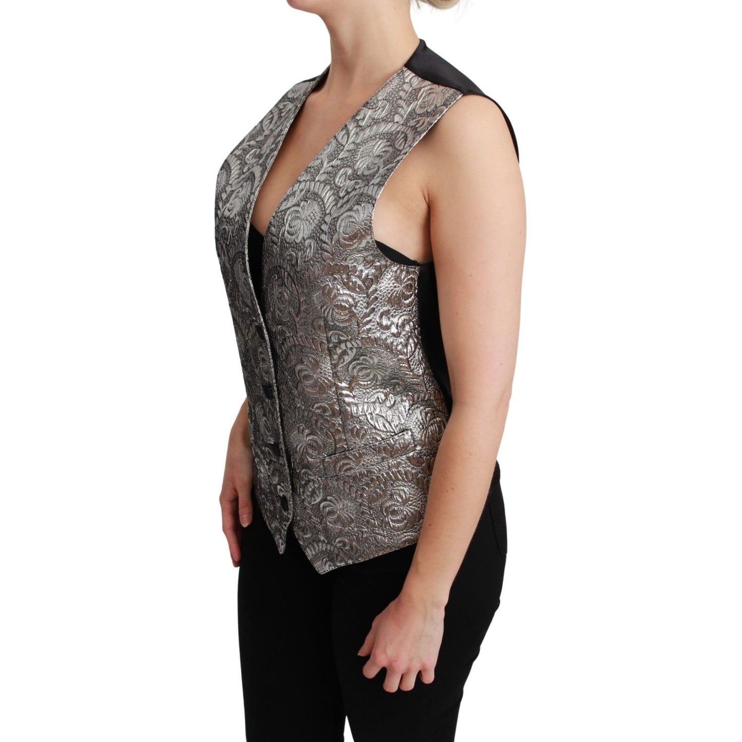Dolce & Gabbana Silver Brocade Sleeveless Metallic Top 1728,67345645728,Clothing,Dolce & Gabbana,IT38|XS,IT40|S,Material: 45% Polyester 43% Silk 5% Cotton 4% Metal Fiber 3% Elastane,New with tags,Silver,Suits & Blazers - Clothing,Vests - Women - Clothing,