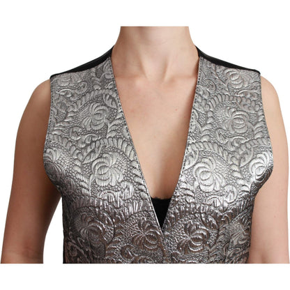 Dolce & Gabbana Silver Brocade Sleeveless Metallic Top 1728,67345645728,Clothing,Dolce & Gabbana,IT38|XS,IT40|S,Material: 45% Polyester 43% Silk 5% Cotton 4% Metal Fiber 3% Elastane,New with tags,Silver,Suits & Blazers - Clothing,Vests - Women - Clothing,