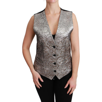 Dolce & Gabbana Silver Brocade Sleeveless Metallic Top 1728,67345645728,Clothing,Dolce & Gabbana,IT38|XS,IT40|S,Material: 45% Polyester 43% Silk 5% Cotton 4% Metal Fiber 3% Elastane,New with tags,Silver,Suits & Blazers - Clothing,Vests - Women - Clothing,