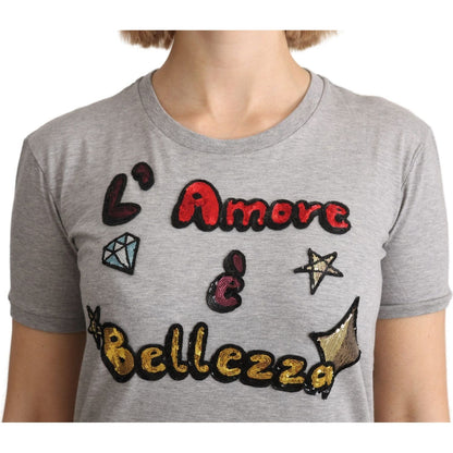 Dolce & Gabbana Gray Cotton Amore e Bellezza Top T-shirt 1728,67345645728,Clothing,Dolce & Gabbana,Gray,IT36 | XS,IT38|XS,IT40|S,Material: 100% Cotton,New with tags,Sweaters - Women - Clothing,T-Shirts - Clothing,T-Shirts - T-Shirts - Clothing,Women,Women