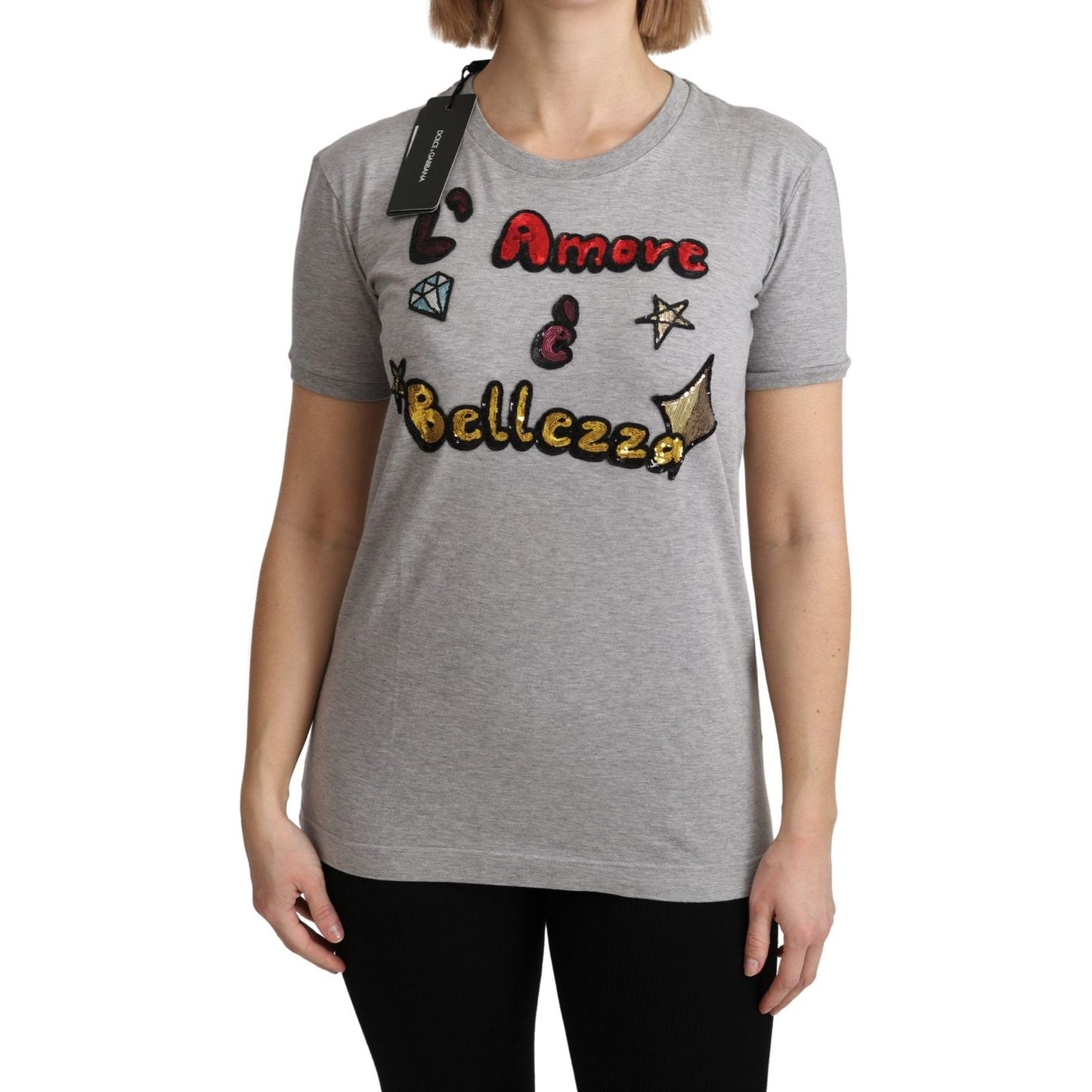 Dolce & Gabbana Gray Cotton Amore e Bellezza Top T-shirt 1728,67345645728,Clothing,Dolce & Gabbana,Gray,IT36 | XS,IT38|XS,IT40|S,Material: 100% Cotton,New with tags,Sweaters - Women - Clothing,T-Shirts - Clothing,T-Shirts - T-Shirts - Clothing,Women,Women