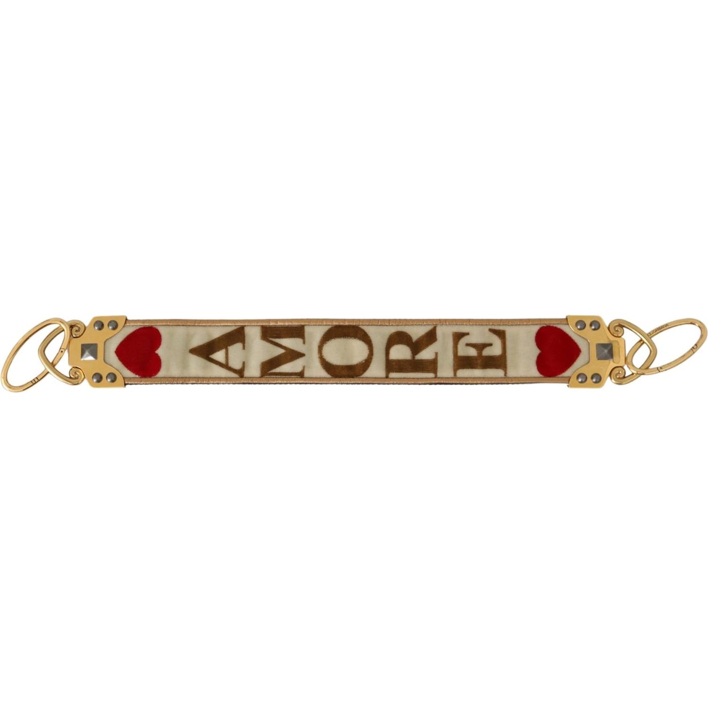 Dolce & Gabbana Gold White Textile Leather AMORE Shoulder Strap 1728,67345645728,90% Textile blend,Accessories,Bags,Dolce & Gabbana,Gold,Material: 10% Leather,New with tags,Other - Women - Accessories,Shoulder Straps - Bags,Women,Women - Accessories