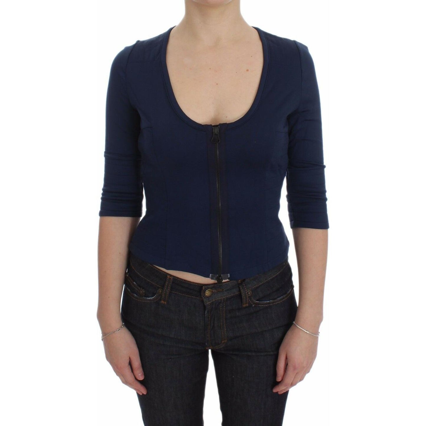 Exte Chic Zippered Crew-Neck Blue Sweater Exte