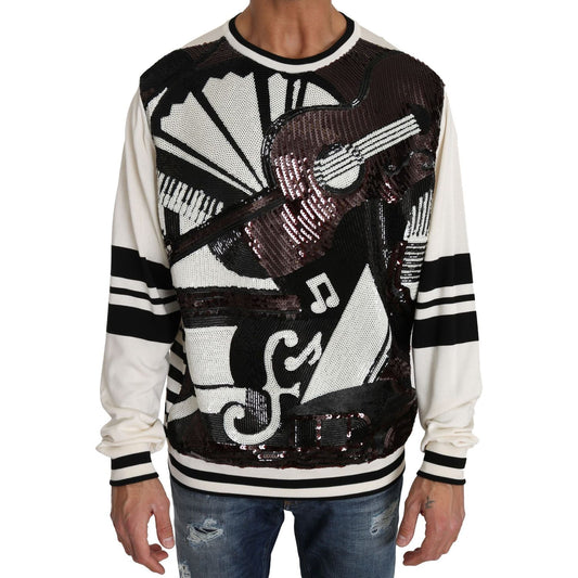 Dolce & Gabbana White Jazz Sequined Guitar Pullover Top Sweater Dolce & Gabbana