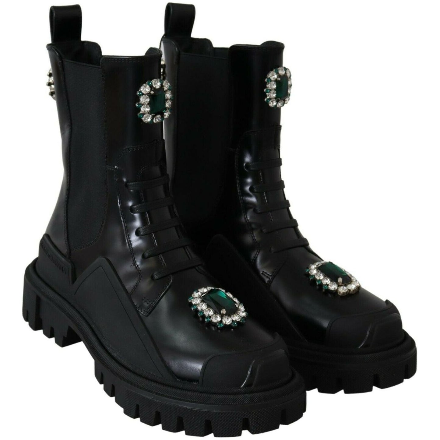 Dolce & Gabbana Elegant Black Leather Combat Boots with Crystal Detail Dolce & Gabbana