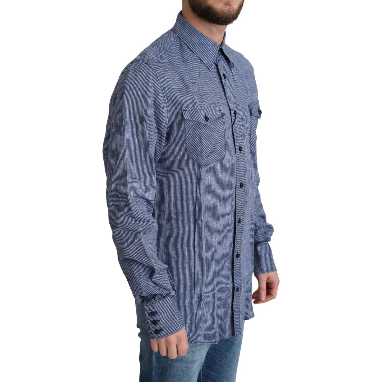 Dolce & Gabbana Blue Stripes Men Casual Button Down Shirt 1728,67345645728,Blue,Clothing,Dolce & Gabbana,Dress Shirts - Shirts - Clothing,IT39 | S,Material: 100% Linen,Men,Men - Clothing,New with tags,Shirts - Clothing,Shirts - Men - Clothing