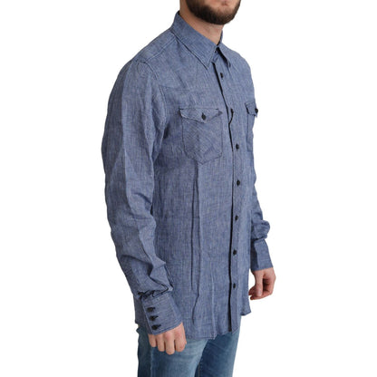 Dolce & Gabbana Blue Stripes Men Casual Button Down Shirt 1728,67345645728,Blue,Clothing,Dolce & Gabbana,Dress Shirts - Shirts - Clothing,IT39 | S,Material: 100% Linen,Men,Men - Clothing,New with tags,Shirts - Clothing,Shirts - Men - Clothing