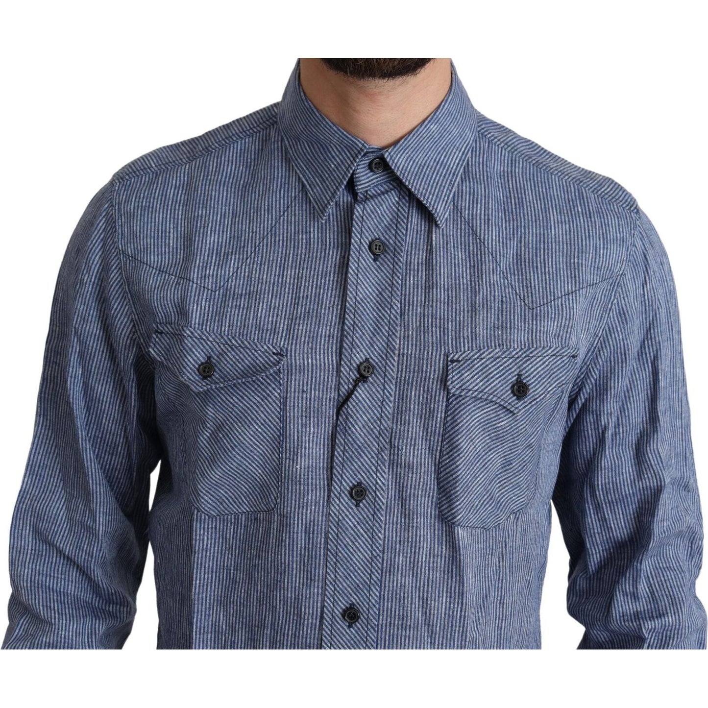 Dolce & Gabbana Blue Stripes Men Casual Button Down Shirt 1728,67345645728,Blue,Clothing,Dolce & Gabbana,Dress Shirts - Shirts - Clothing,IT39 | S,Material: 100% Linen,Men,Men - Clothing,New with tags,Shirts - Clothing,Shirts - Men - Clothing