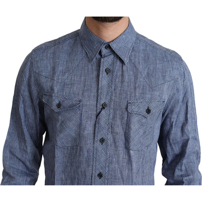 Dolce & Gabbana Blue Stripes Men Casual Button Down Shirt 1728,67345645728,Blue,Clothing,Dolce & Gabbana,Dress Shirts - Shirts - Clothing,IT39 | S,Material: 100% Linen,Men,Men - Clothing,New with tags,Shirts - Clothing,Shirts - Men - Clothing