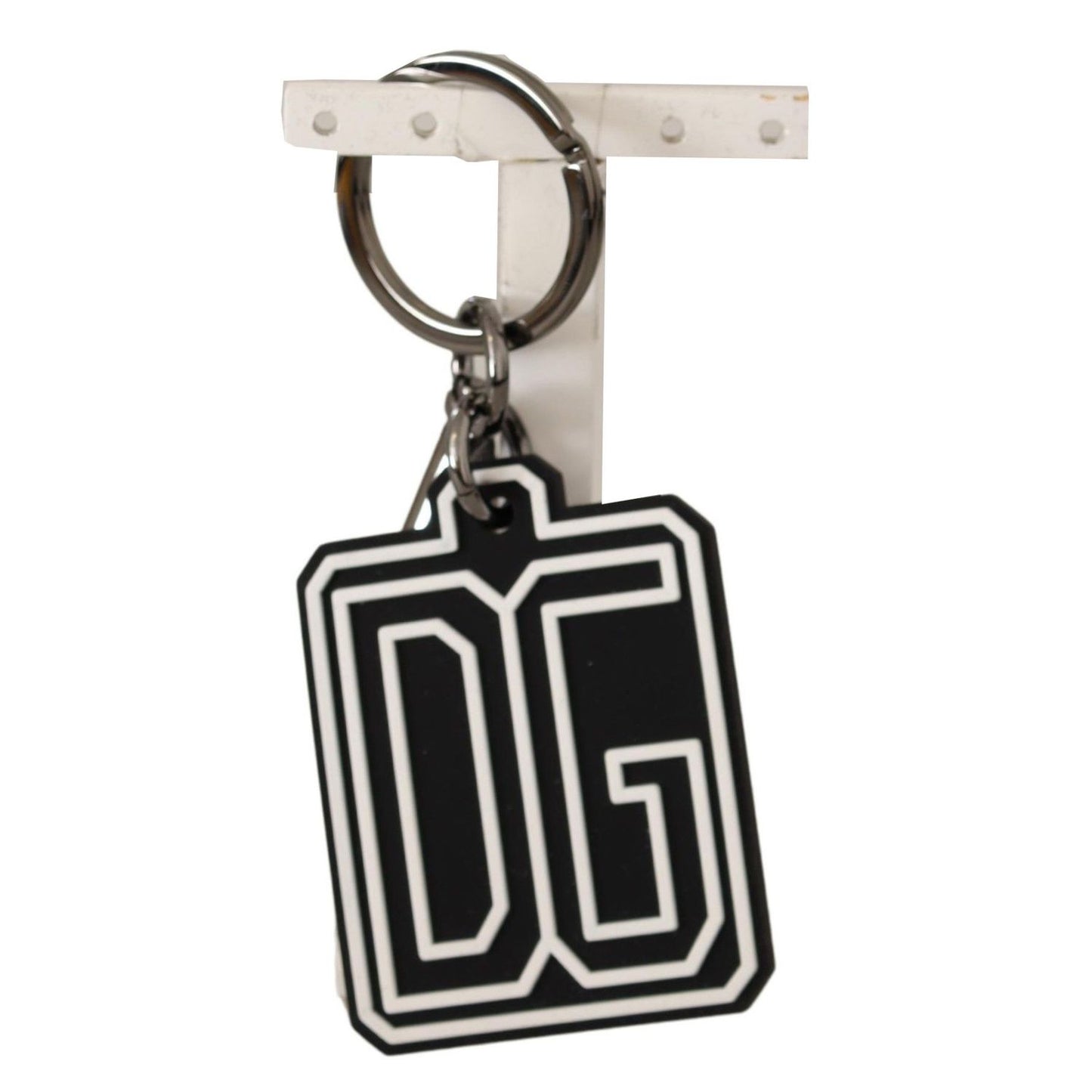 Dolce & Gabbana Black White DG Rubber Logo Silver Ring Keychain