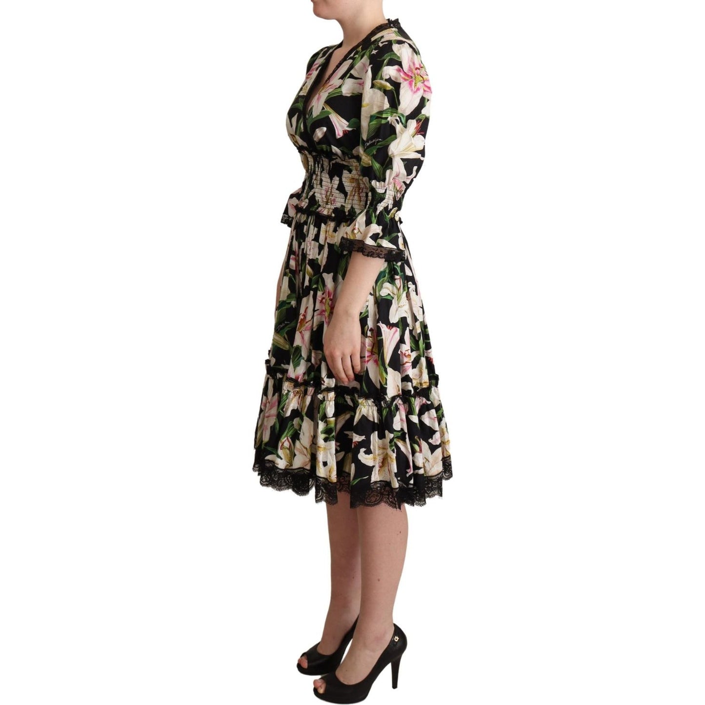 Dolce & Gabbana Elegant Lily Print Midi Dress with Lace Trim WOMAN DRESSES Dolce & Gabbana