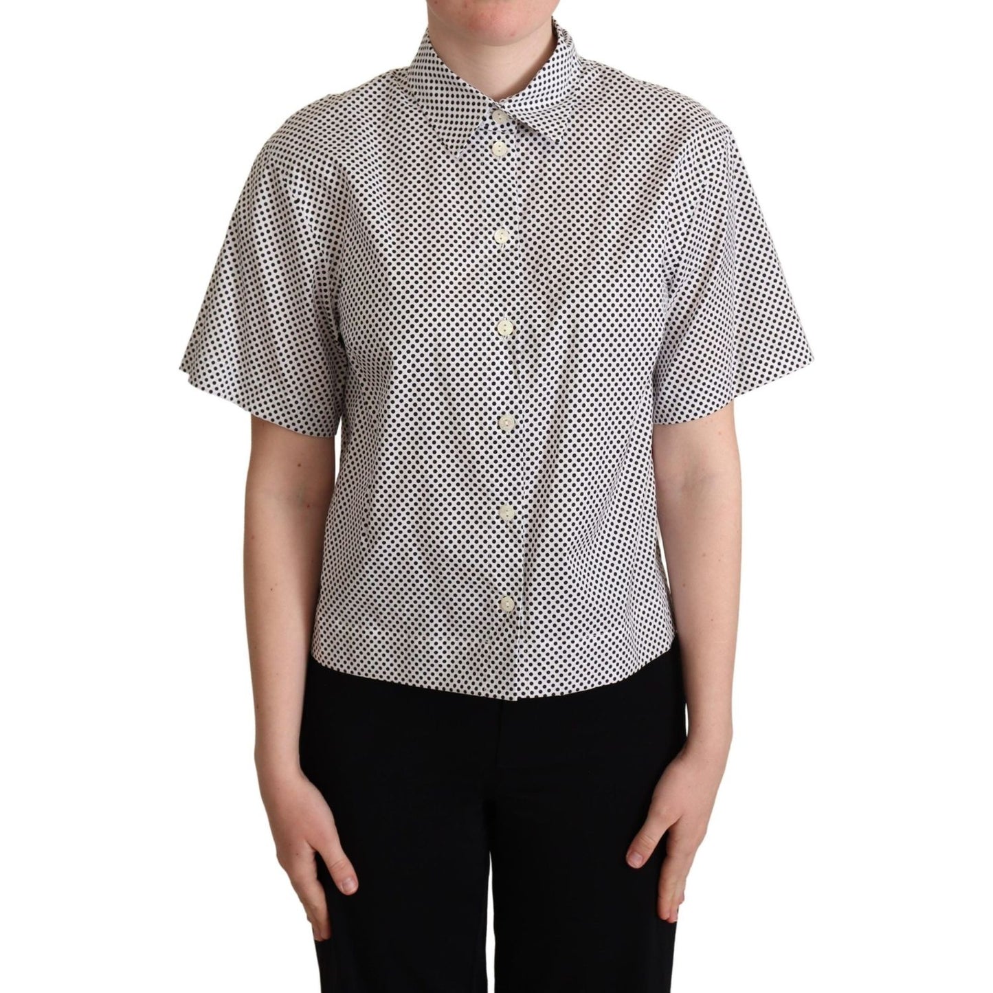 Dolce & Gabbana Black Polka Dot Collared Shirt White 1728,67345645728,Black,Clothing,Dolce & Gabbana,IT42|M,Material: 100% Cotton,New with tags,Shirts - Clothing,Shirts - Women - Clothing,Shortsleeve - Shirts - Clothing,Women,Women - Clothing
