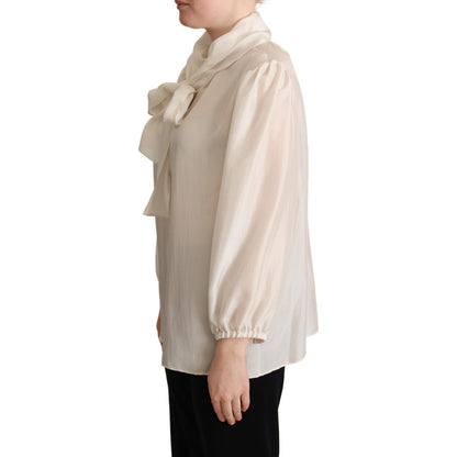 Dolce & Gabbana Light Gray Ascot Collar Shirt Silk Blouse Top