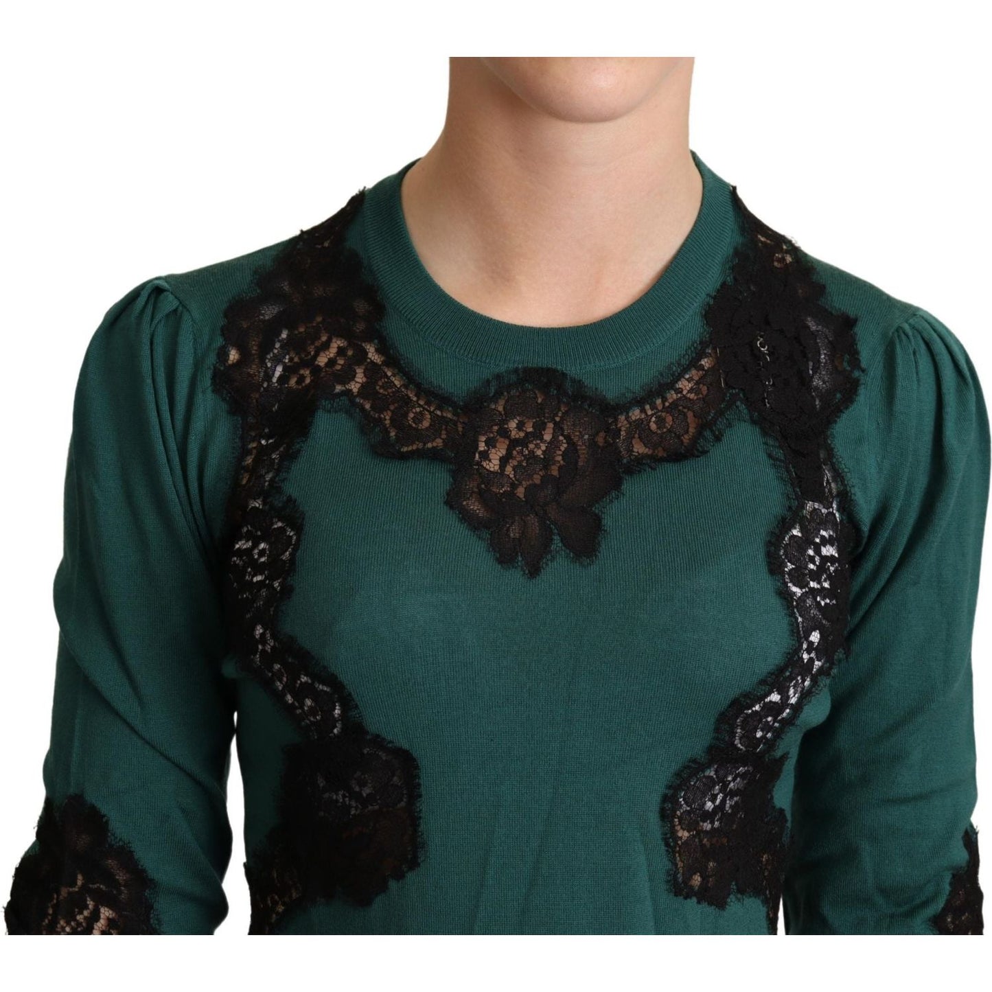 Dolce & Gabbana Elegant Green Pullover with Black Lace Detail Dolce & Gabbana