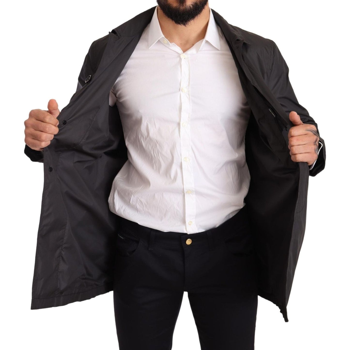 Dolce & Gabbana Black Polyester Mens Trench Coat Jacket 1728,67345645728,Black,Clothing,Dolce & Gabbana,IT44 | XS,IT46 | S,Jackets & Coats - Clothing,Jackets - Men - Clothing,Material: 100% Polyester,Men,Men - Clothing,New with tags,Trench Coats - Jackets