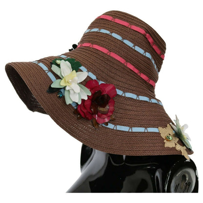 Dolce & Gabbana Brown Knitted Straw Floral Hat 1728,57 cm|S,59 cm|L,67345645728,Accessories,Brown,Dolce & Gabbana,Hat - Women - Accessories,Hats - Accessories,Material: 95% Cellulose 3% Polyester 2% Acrylic,New with tags,Sunhats - Hats - Accessories,Women