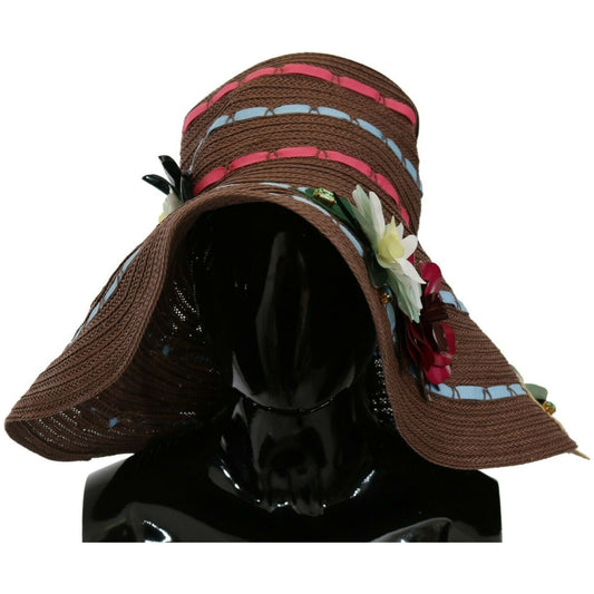 Dolce & Gabbana Brown Knitted Straw Floral Hat 1728,57 cm|S,59 cm|L,67345645728,Accessories,Brown,Dolce & Gabbana,Hat - Women - Accessories,Hats - Accessories,Material: 95% Cellulose 3% Polyester 2% Acrylic,New with tags,Sunhats - Hats - Accessories,Women
